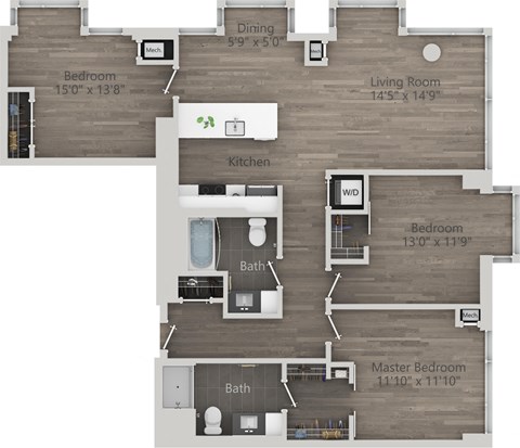 Floor plan for 3 beds, 2 baths, 1317 sqft